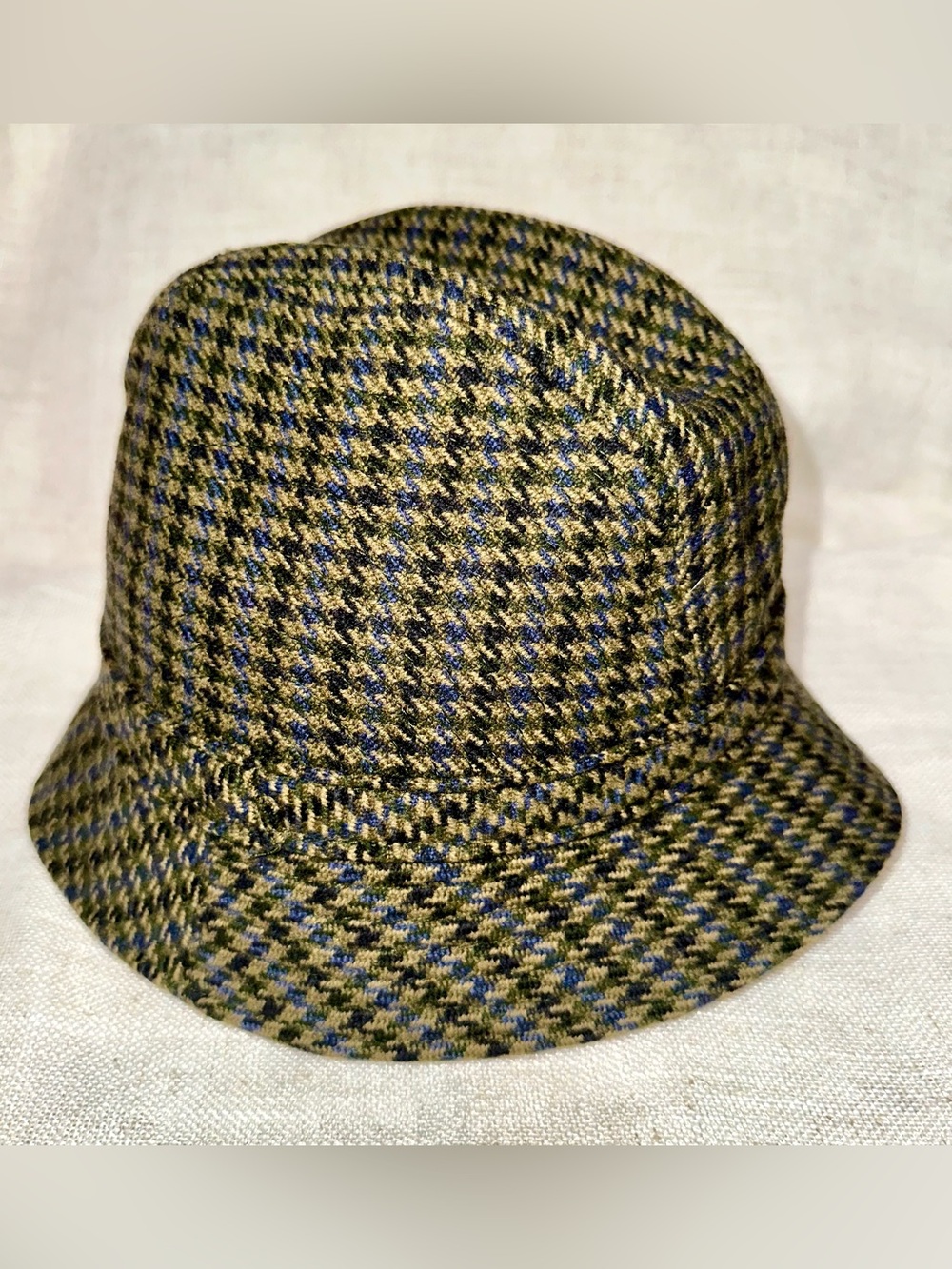 Vintage Houndstooth Wool Bucket Hat Unisex Green Blue Retro Y2K Winter Fall